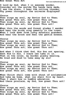 how great thou art lyrics pdf Are you aware that the lyrics of How Great Thou Art have been translated into numerous languages and adapted for various purposes beyond its original religious context?